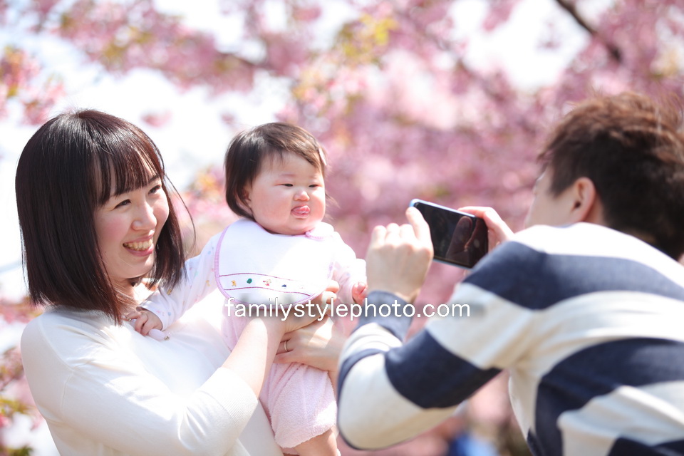 桜を背景にママと子供を撮るパパ